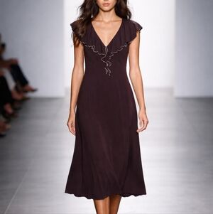 Max Studio Vintage Y2K Espresso Brown Ruffle Preppy Feminine Midi Dress